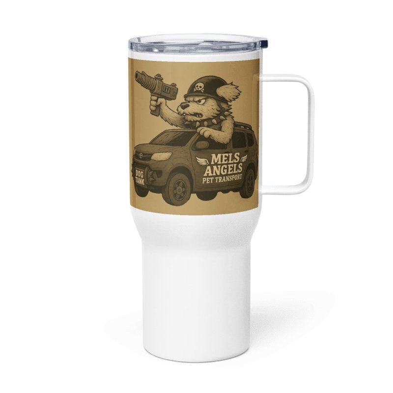 Dog Tank Travel Mug with Handle — Mel’s Angels Pet Transport Insulated Coffee Tumbler (25oz & 40oz) product image (4)