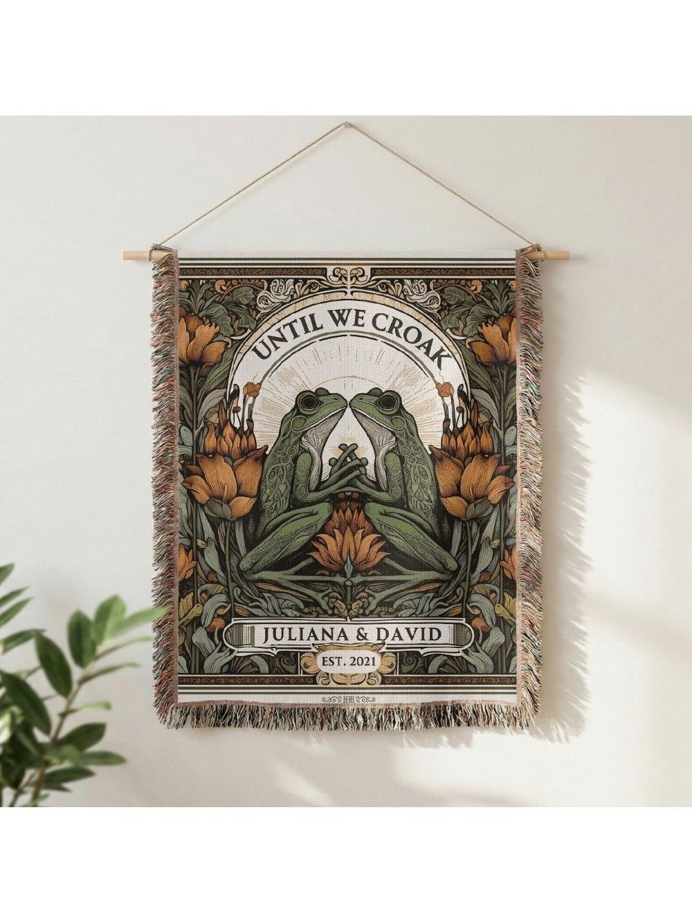 Until We Croak Personalized Frog Couple Woven Blanket — Custom Name & Date Wedding Tapestry Throw product image (3)