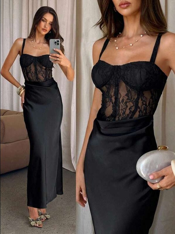 ADLEST Women's Olive Green Satin Lace Patchwork Dress, Party Dress, Date Dress, Autumn/Winter Bustier Dress Green Satin Dress Green Sexy Dress Built In Bra Dress Sage Dress product image (4)