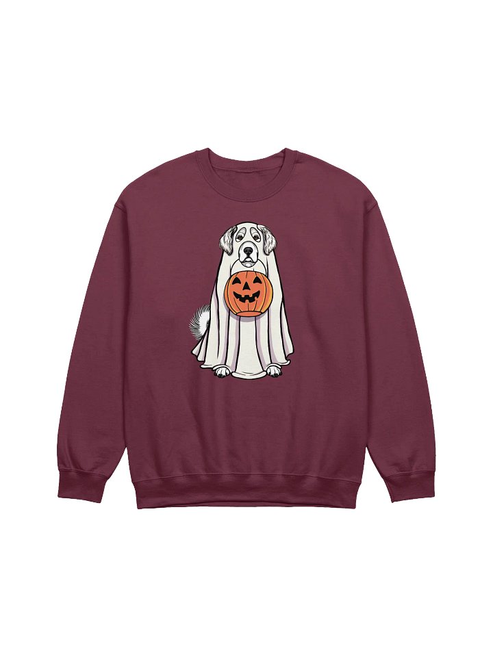 Funny Halloween Great Pyrenees Sweatshirt | Funny Pyr Wearing a Ghost Costume and Holding a Pumpkin Basket product image (1)