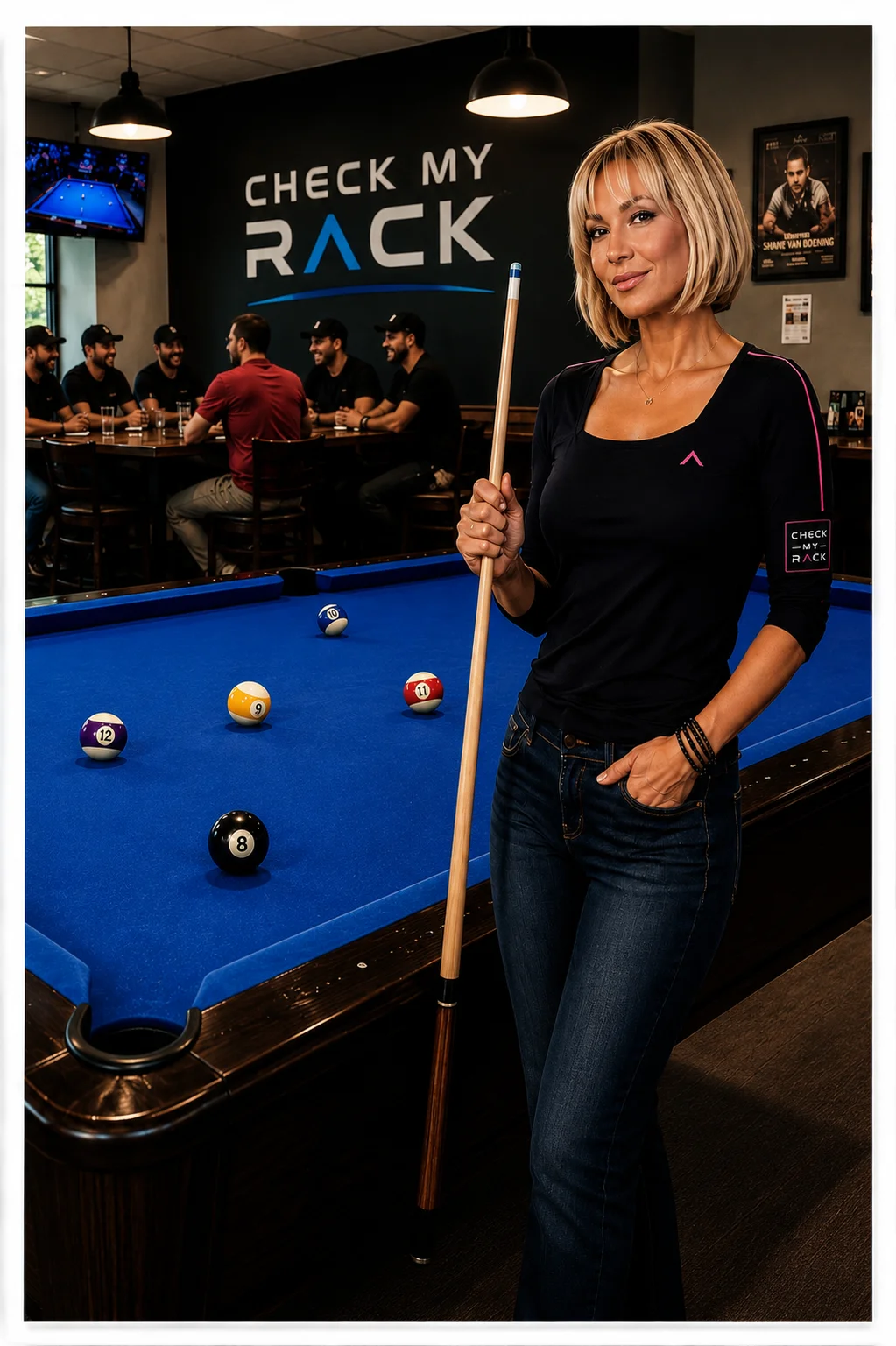 Christine as a billiard player and inspiration behind the Check My Rack mascot