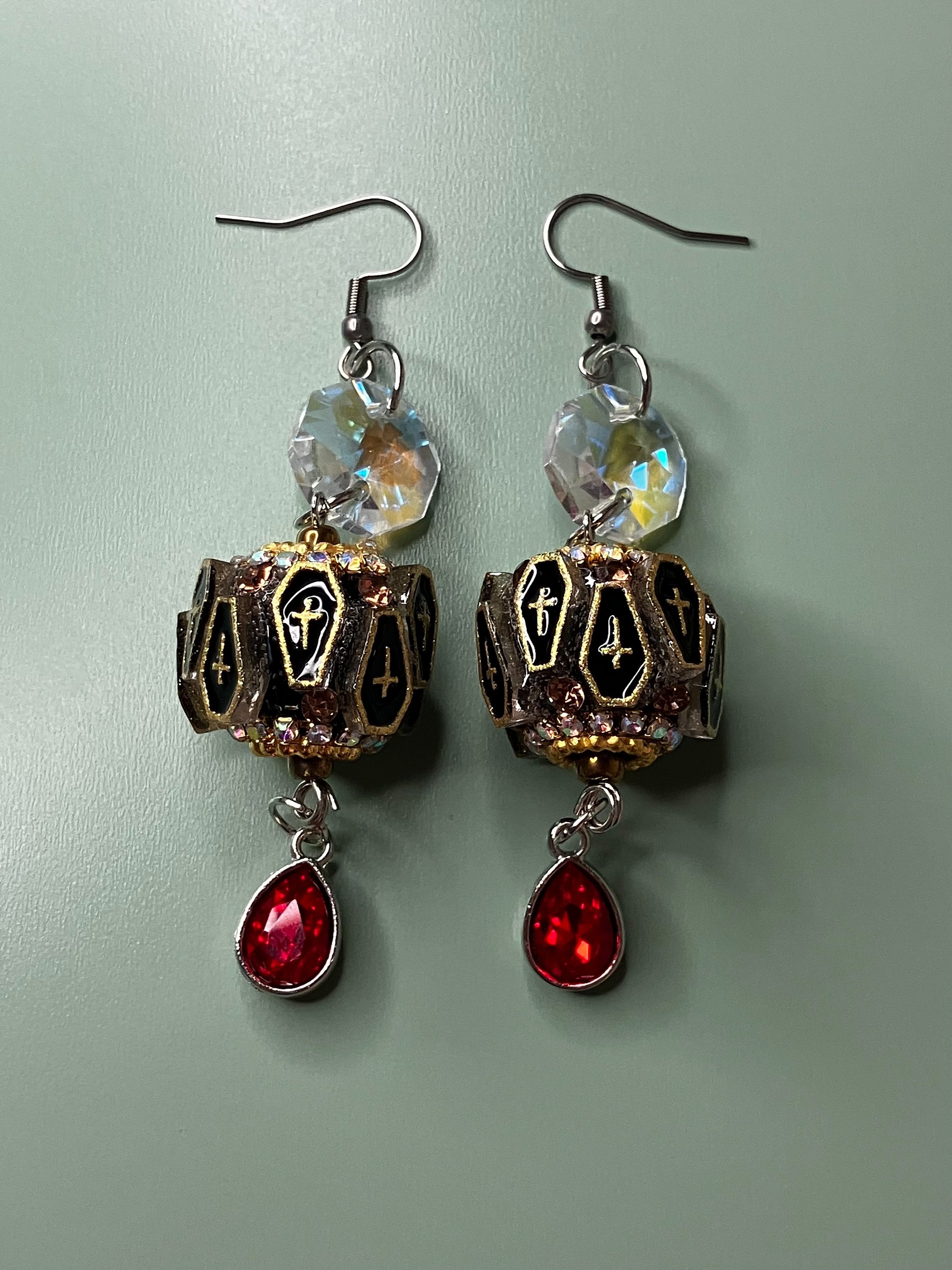 Blood Moon Crypt Black Coffin Beads & Red Rhinestone Drops Hook Earrings Handmade product image (1)