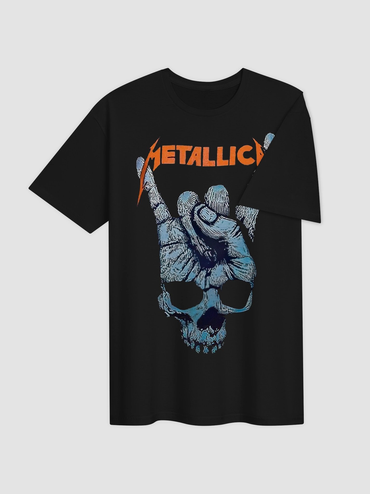 Metallica Devil Horns Skull T-Shirt | Blue Skull Dark Art Graphic Tee | Heavy Metal Hand Sign Orange Logo Collector Band Shirt product image (4)