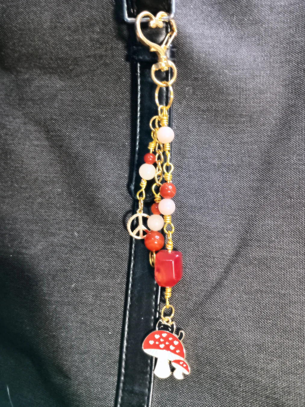 Black Cat & Mushroom Purse Charm | Carnelian & Peach Aventurine, Gold-Tone | "Happy Camper" product image (3)