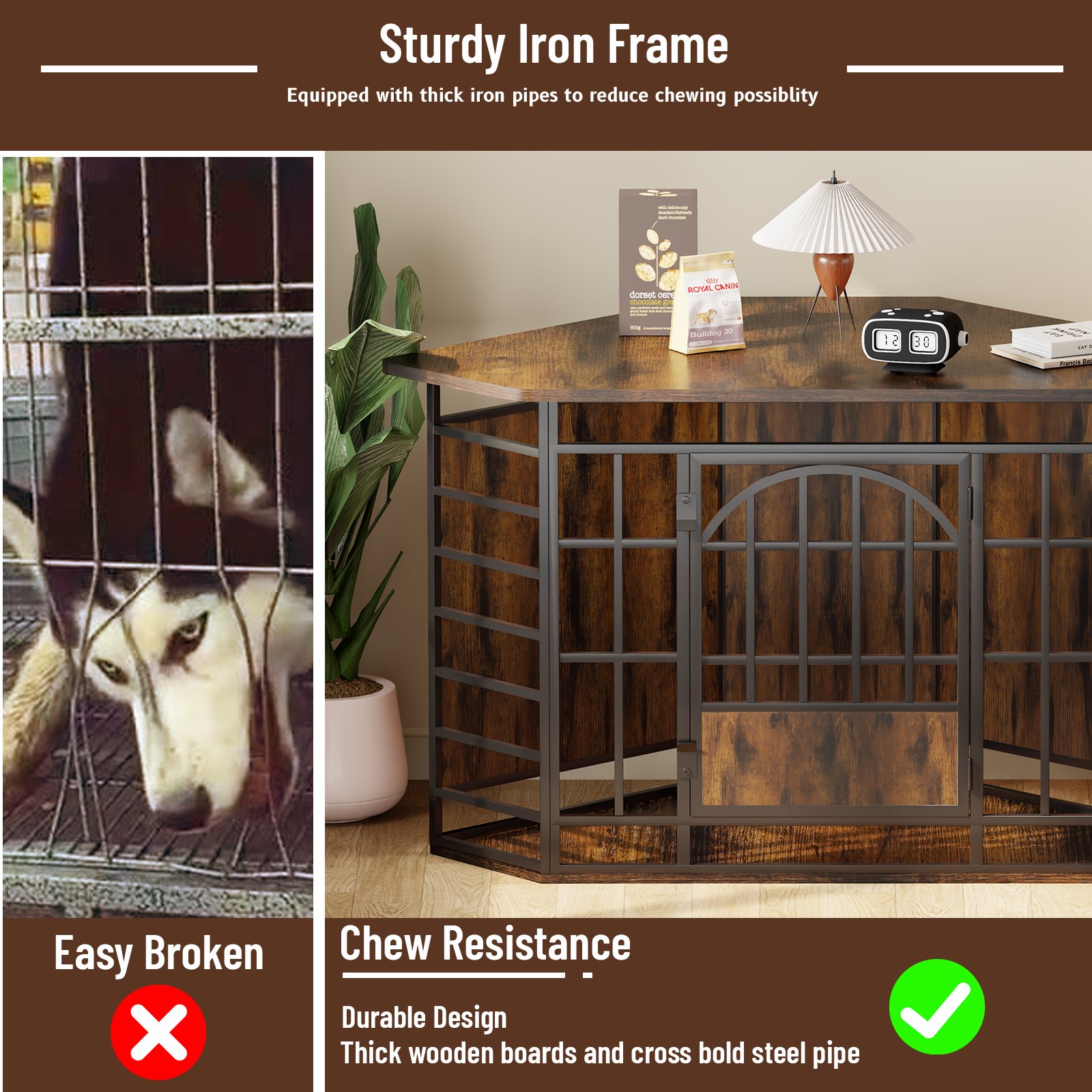 52 inch Corner Dog Crate Wooden Large Dog Kennel Indoor, Large Indoor Dog Crate Decorative Pet House for Medium Large Dogs Vintage Brown product image (3)