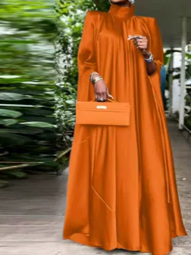 Women's Elegant Satin Pleated Maxi Dress, Stand Collar Long Sleeve Evening Party Dress, Loose Fit Autumn Wedding Guest Cocktail Gown product image (9)