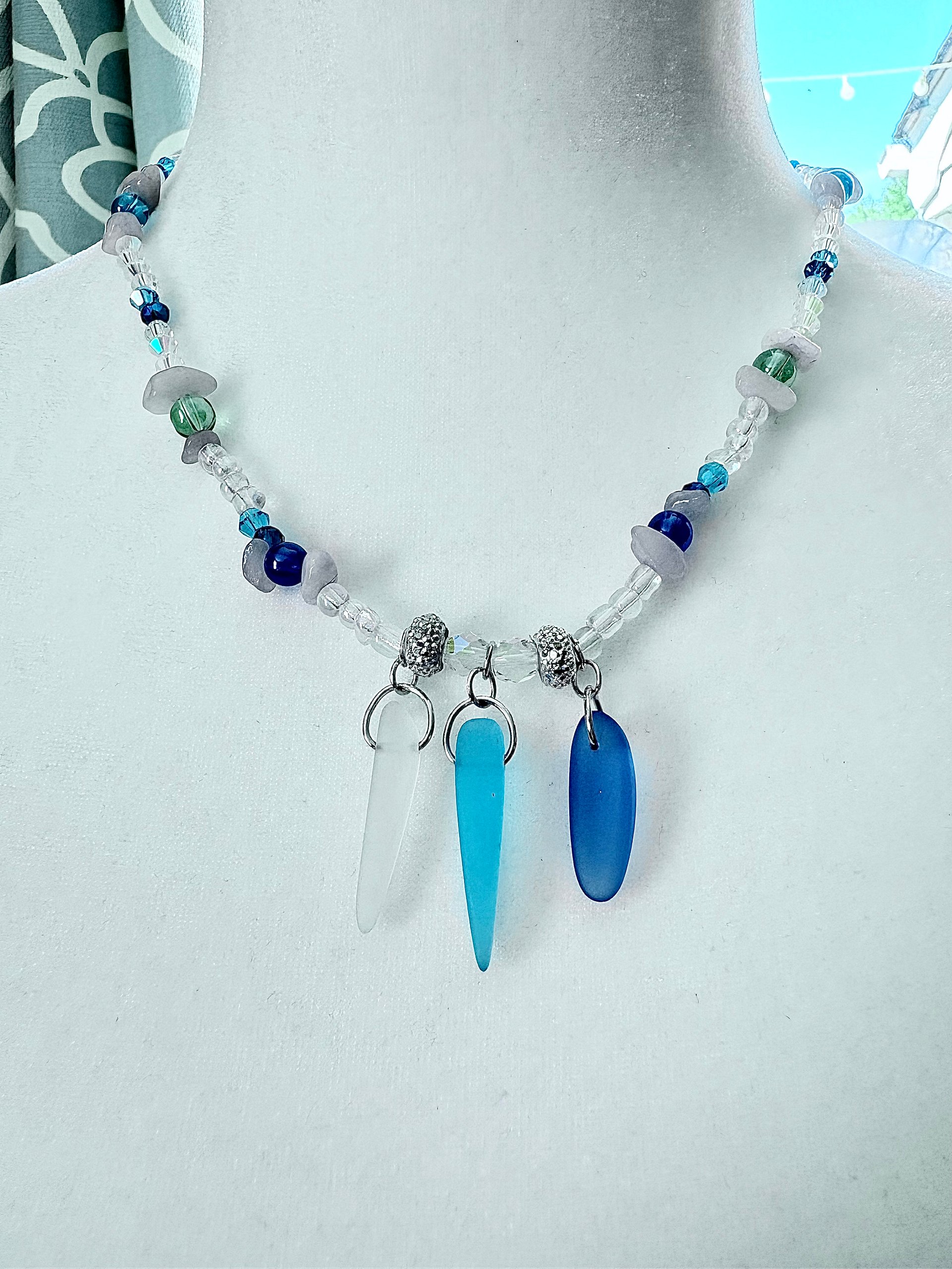 MFD-00032 | Tri-Sea Glass Pendant Necklace | Coastal Blues & Glass Beads | Handmade Coastal Charm Jewelry by Monique Faella Designs™ product image (2)
