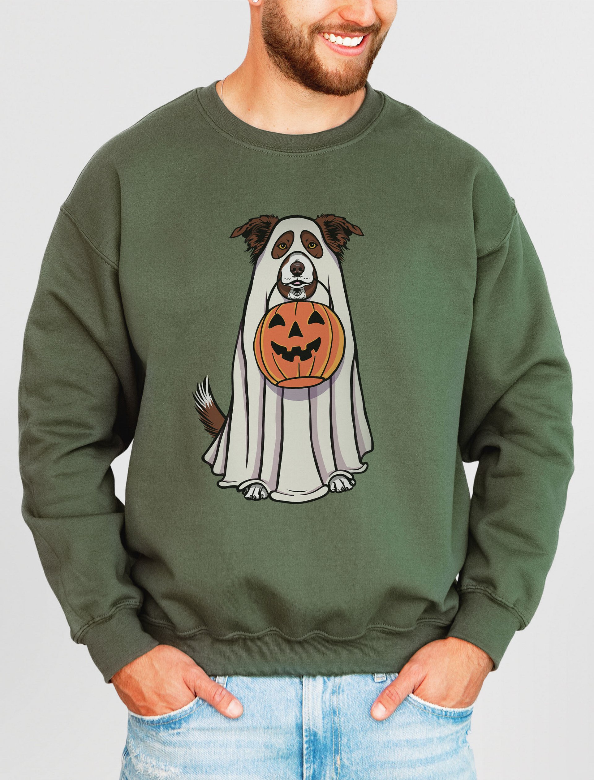 Funny Halloween Border Collie(Brown) Sweatshirt | Funny Border Collie Wearing a Ghost Costume and Holding a Pumpkin Basket product image (2)