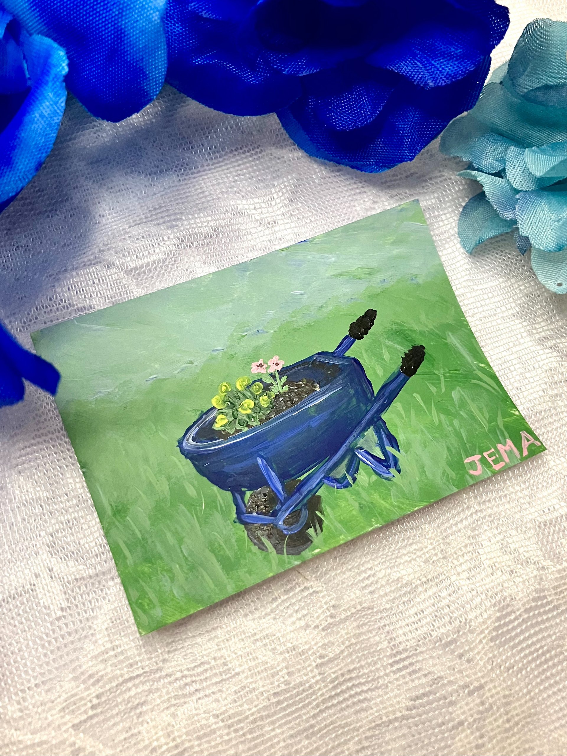Wheelbarrow Garden ACEO Original Acrylic Painting product image (4)