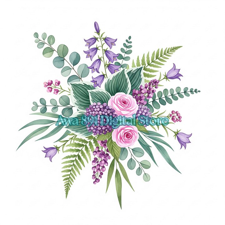 50 png clipart of purple flower bouquet, violet floral, watercolor clipart for printing, high quality PNG, digital download, paper crafts product image (1)