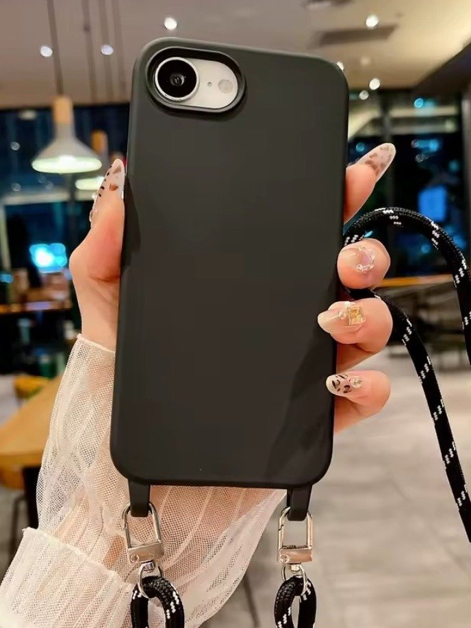Crossbody Lanyard Silicone Case for iPhone 16e – Matte Soft-Touch Cover with Adjustable Neck Strap, Hands-Free Protection, Black product image (1)
