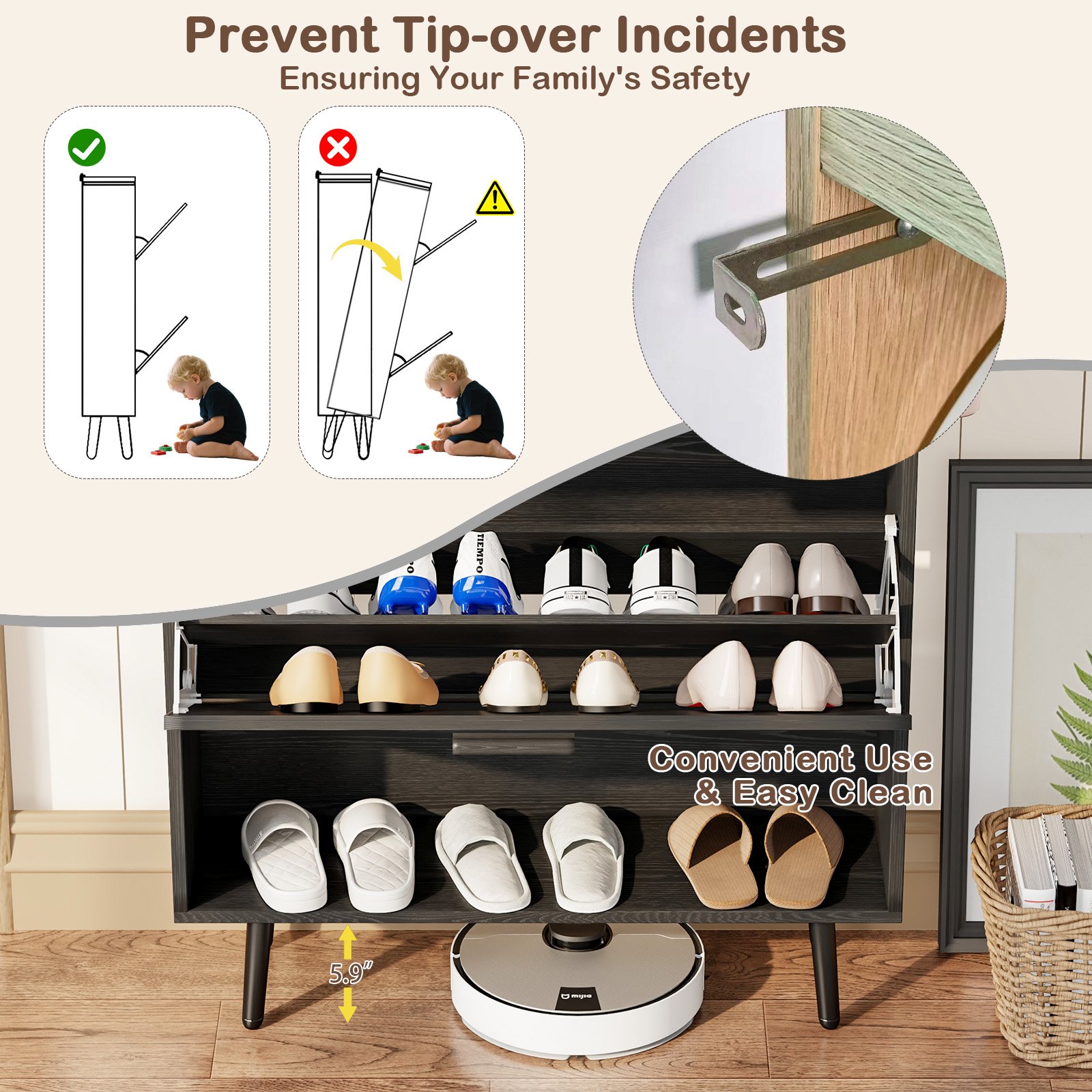 Shoe Cabinet with Natural Rattan Flip Drawers for Entryway Free Standing Slim Shoe Storage Organizer with 2 Flip Drawers Black product image (8)