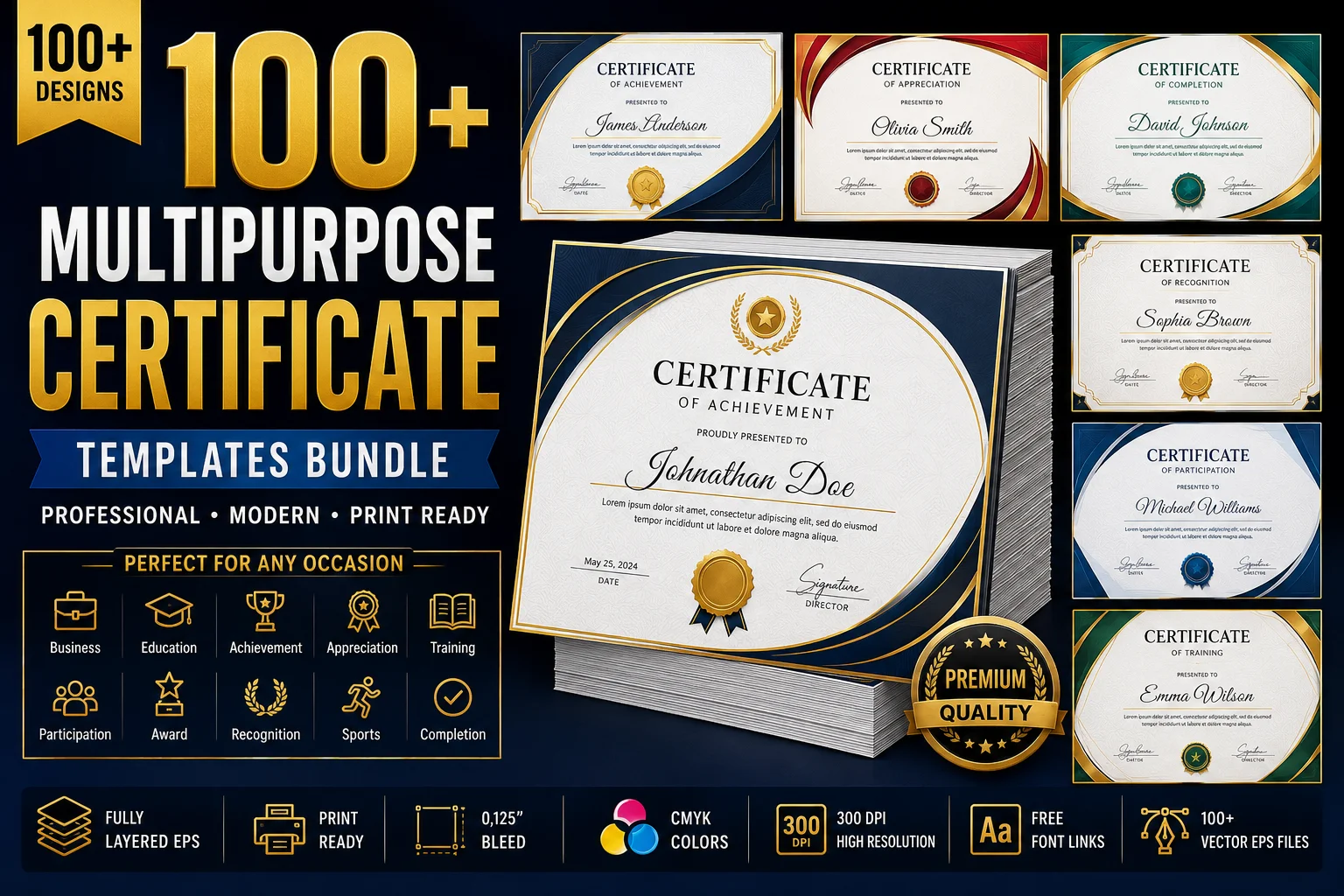 100+ Multipurpose Certificate Templates Bundle | Editable EPS | Print Ready | Instant Download product image (1)