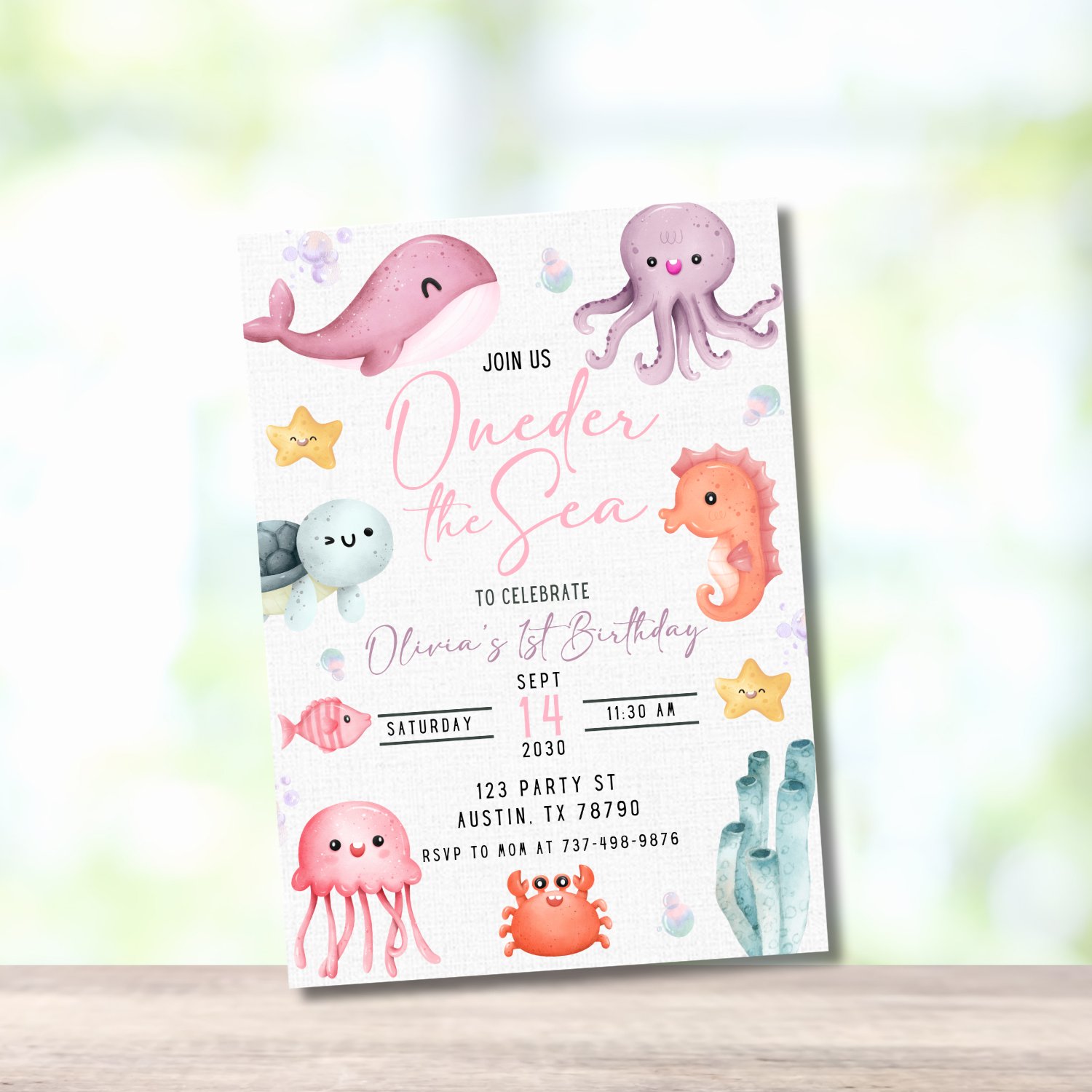 Oneder the Sea Birthday Invitation | Girl 1st Birthday Party Under the Sea | Editable Canva Template | Ocean Mermaid Sea Animals Theme product image (8)