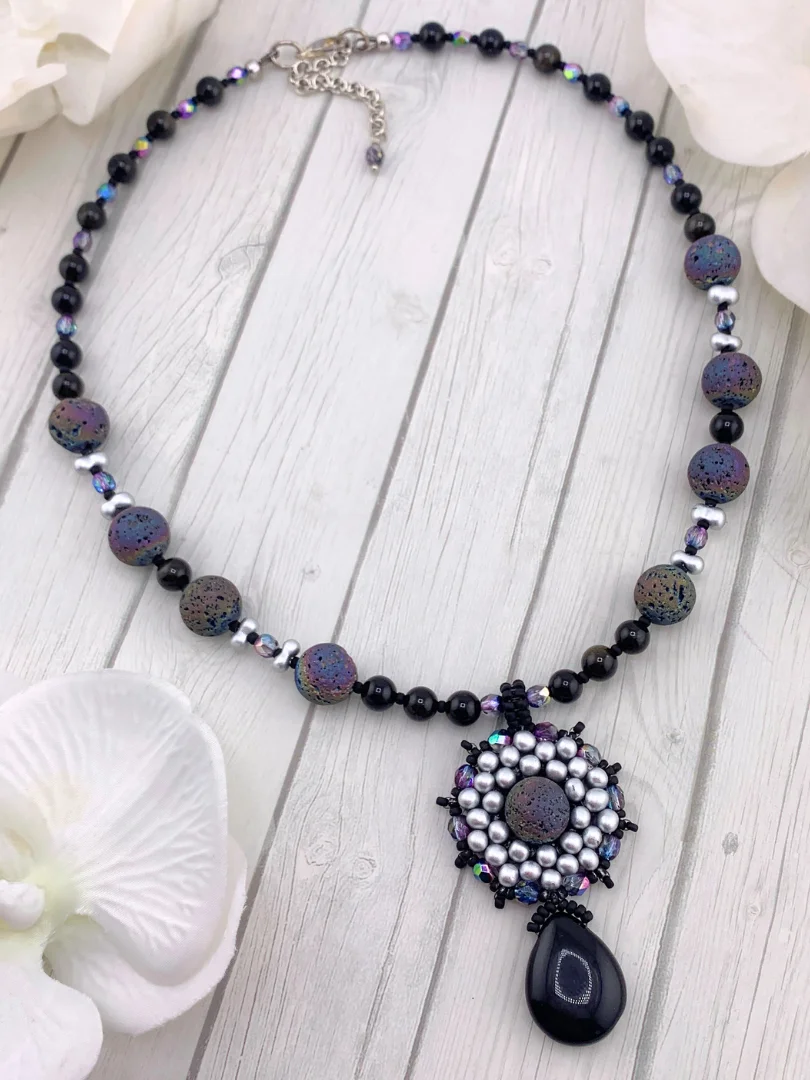 Majesty Beaded Necklace and Earrings Set - Black, Silver product image (1)