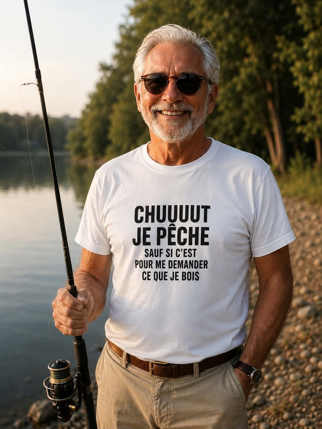 T-shirt pêcheur blanc avec inscription CHUUUUT JE PÊCHE vue de face