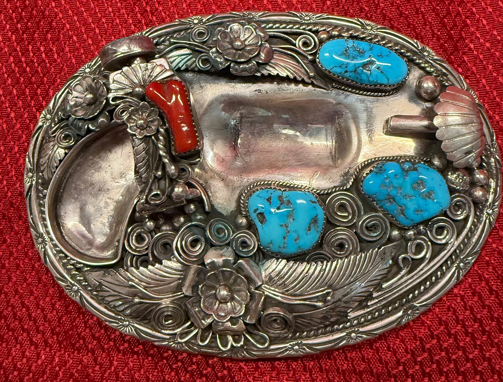 Silver belt buckle with coral and turquoise made to hold the North American Arms .22 derringer product image (2)