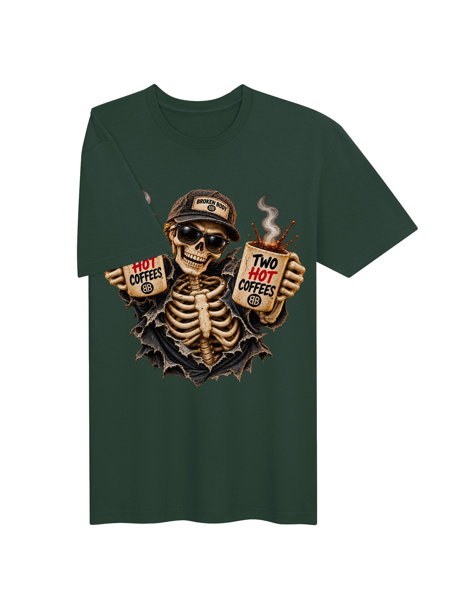 Funny Halloween Skeleton Coffee Shirt — Two Hot Coffees™ Single-Print Tee | Holly-Ween™ product image (4)