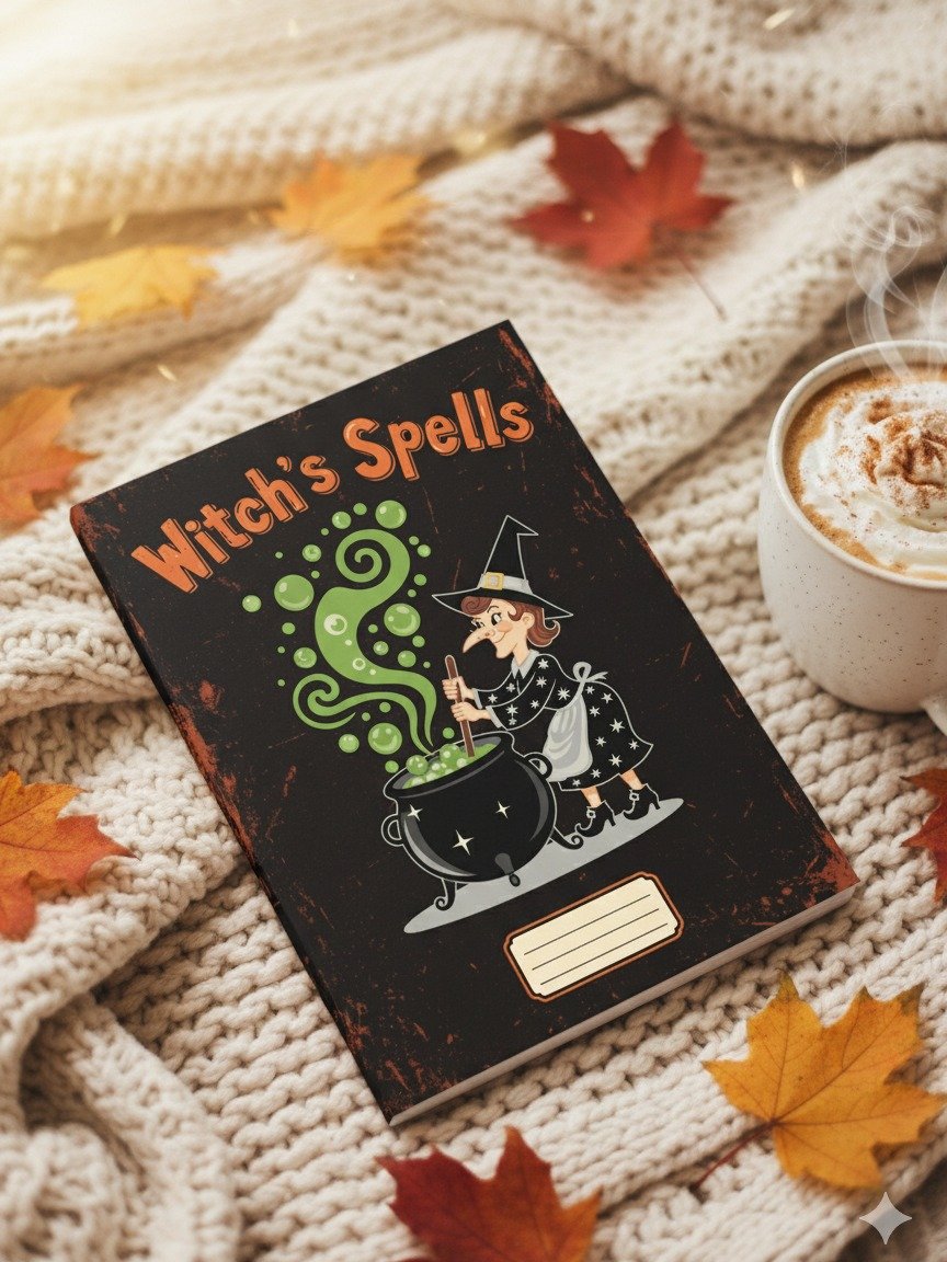 Witch's Spells Notebook Cover, Digital Download, Cute Witch Art, Magic Book PNG, DIY Journal Cover, Halloween Stationery product image (4)