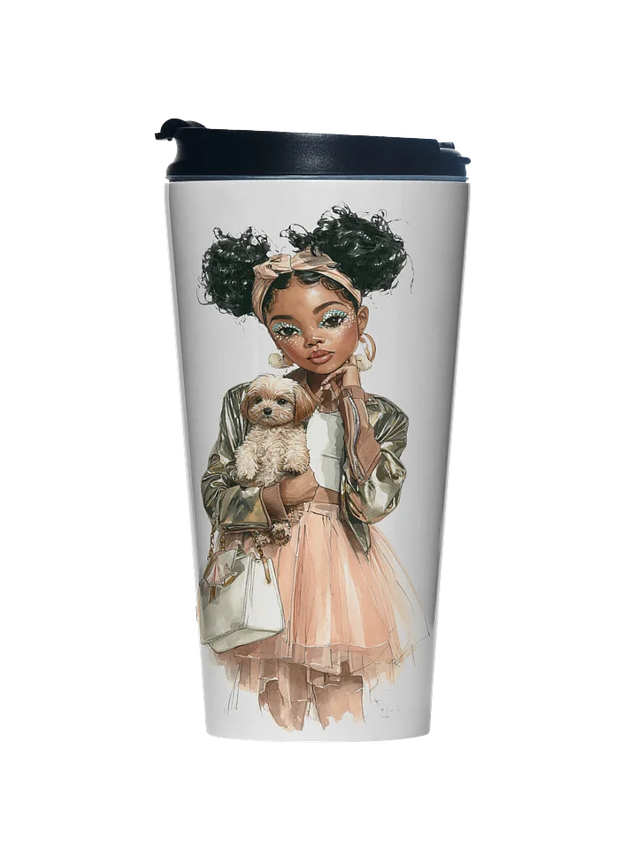 Chic Black Girl & Pup Stainless Steel Travel Mug | Fashion Illustration Tumbler (15 oz) product image (1)
