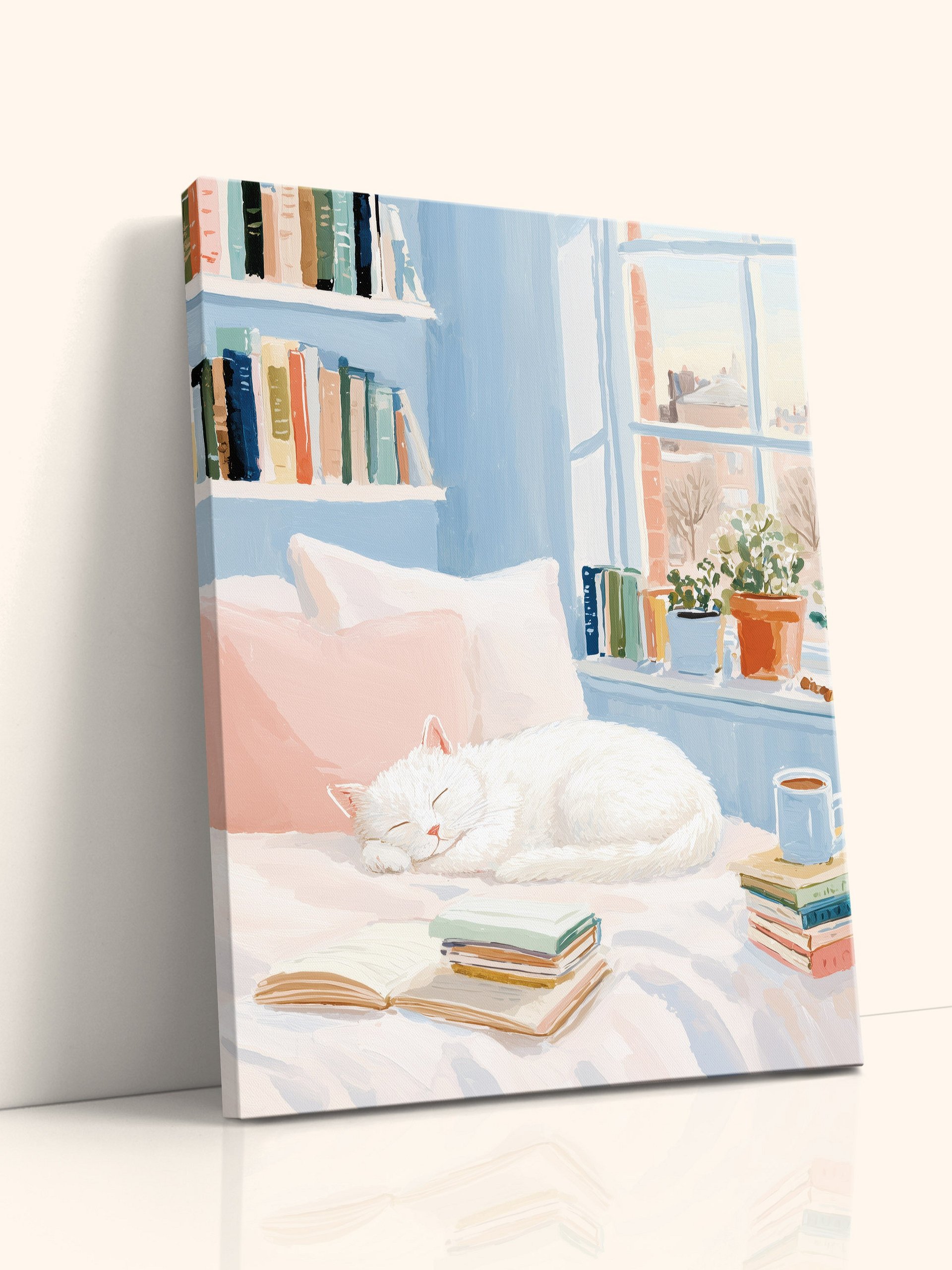 Cozy White Cat Reading Nook Art Print product image (3)