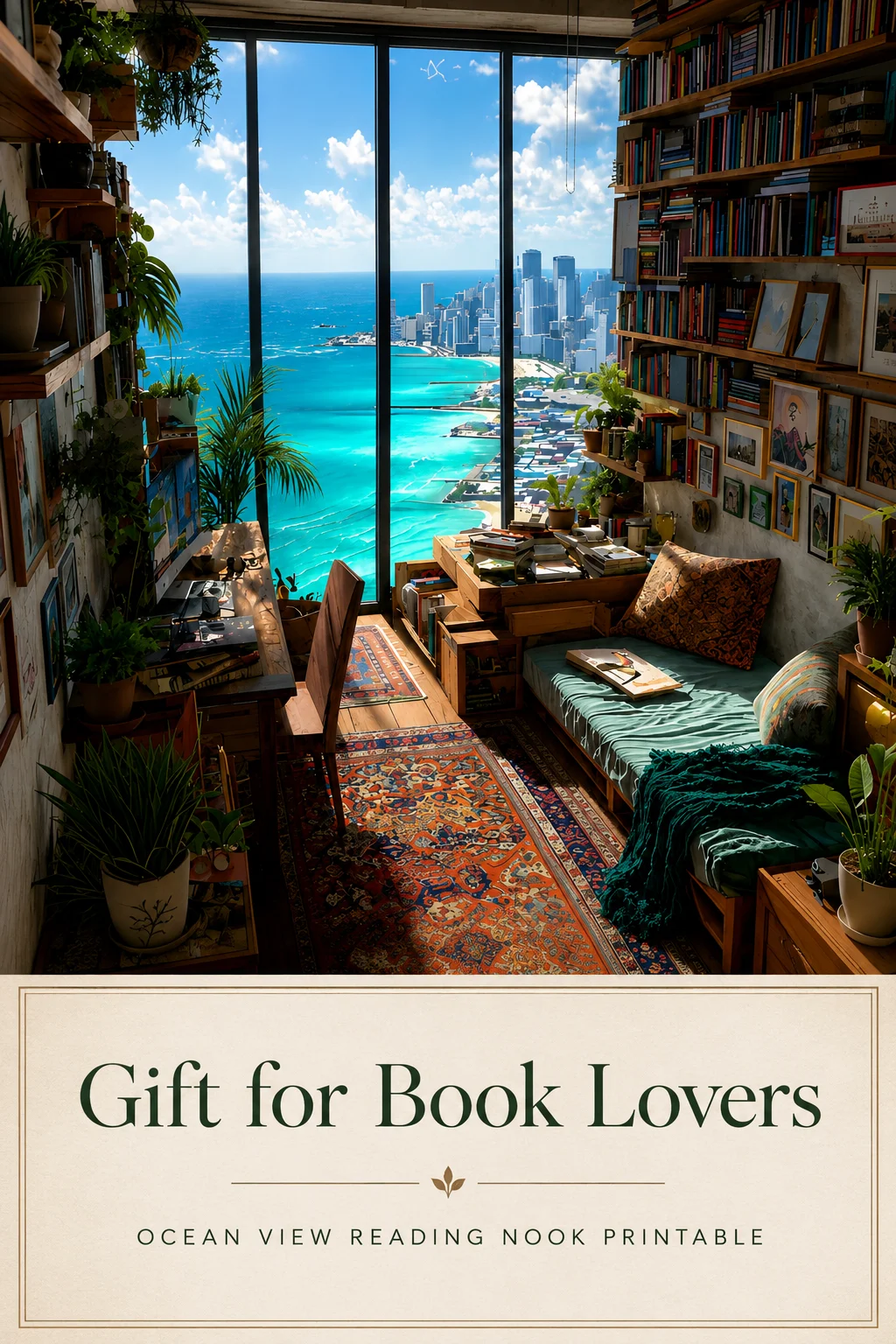 Ocean View Book Nook Digital Print Coastal Dark Academia Wall Art Gift for Book Lovers and Readers Printable Reading Room Decor product image (1)