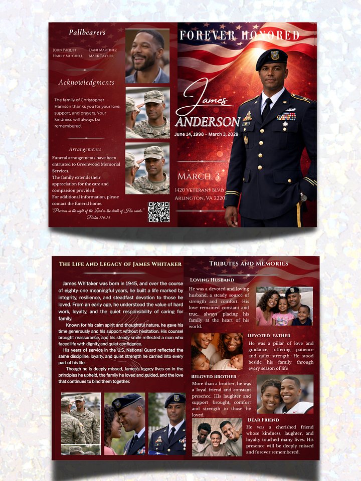 Military Veteran & First Responder Funeral Obituary Template, 8-Page Red Patriotic Canva Layout with QR Code product image (2)