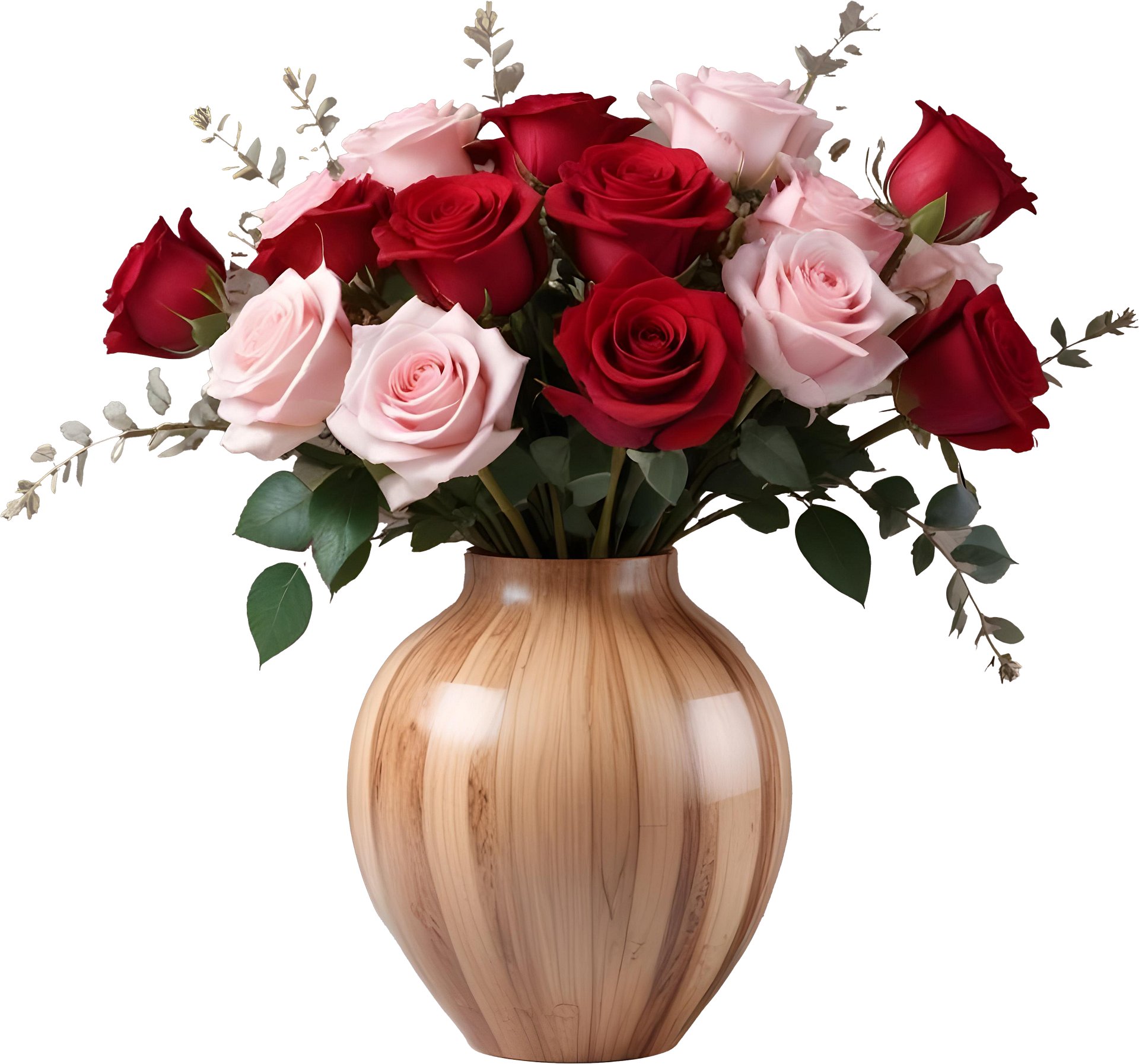 Natural Wooden Vase with Red and Pink Roses PNG product image (1)