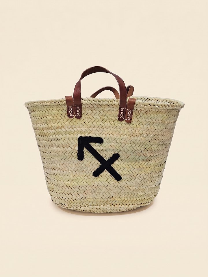 Handmade Straw Tote Bag – Sagittarius Zodiac Monogram Market Basket product image (1)
