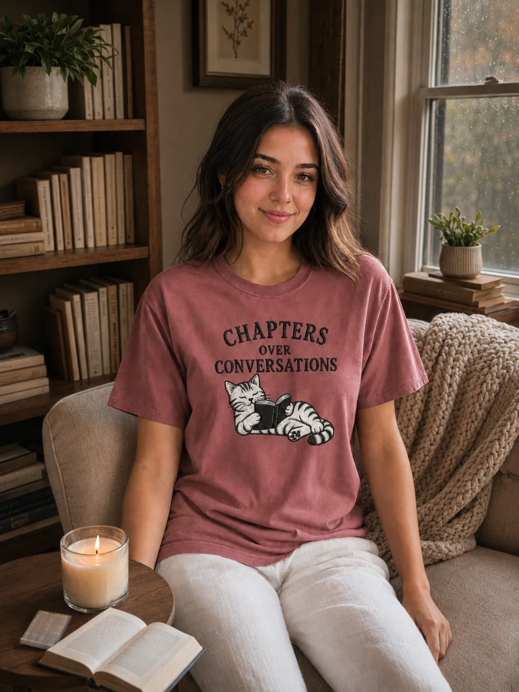 Chapters Over Conversations Book Lover Cat T-Shirt product image (68)