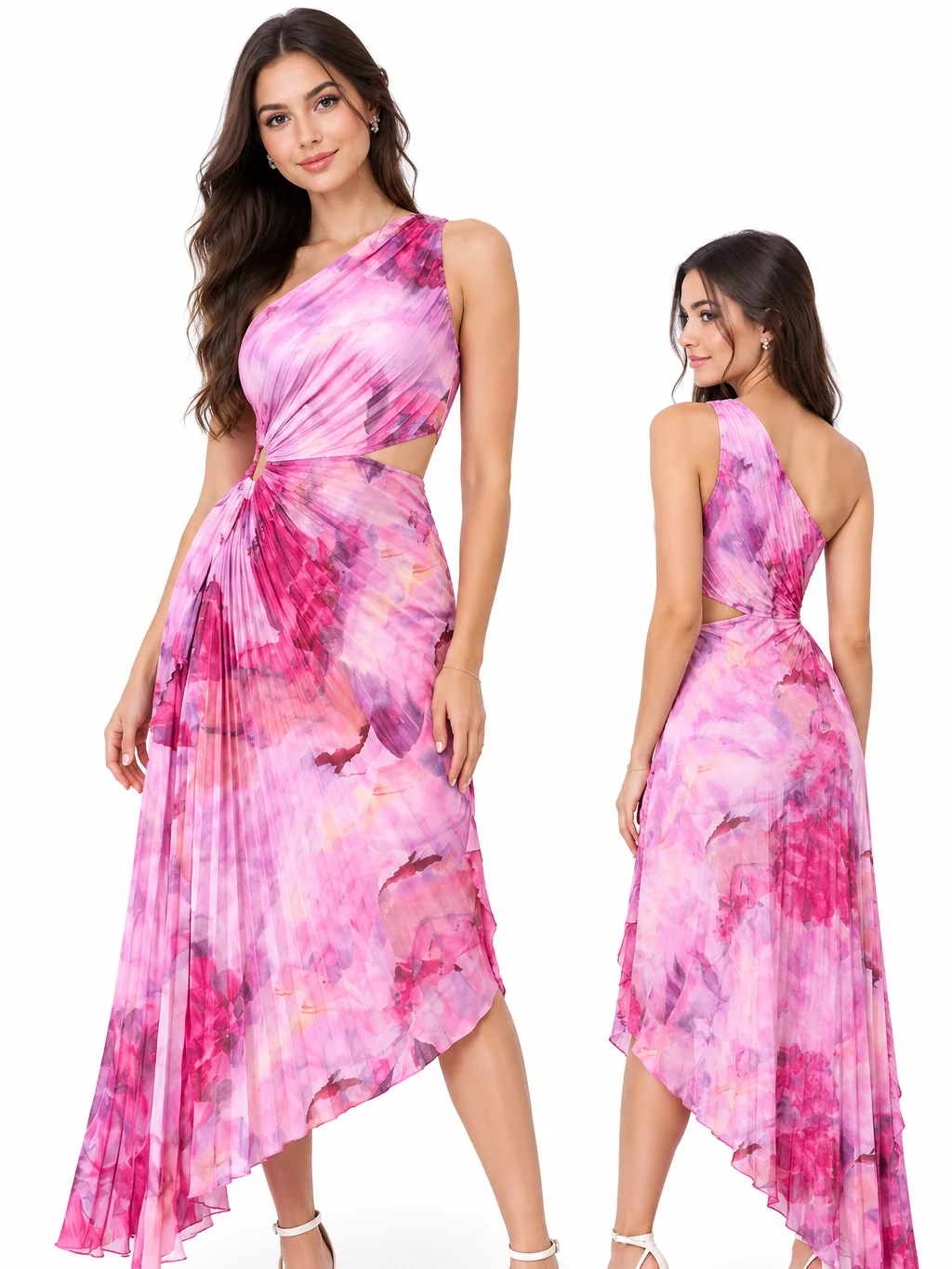 Firerie Women's New Elegant Date Asymmetric Tie-Dye Print Waist Hollow Ruffle Hem One-Shoulder Dress, Summer Soft Color Beach Outfit product image (4)