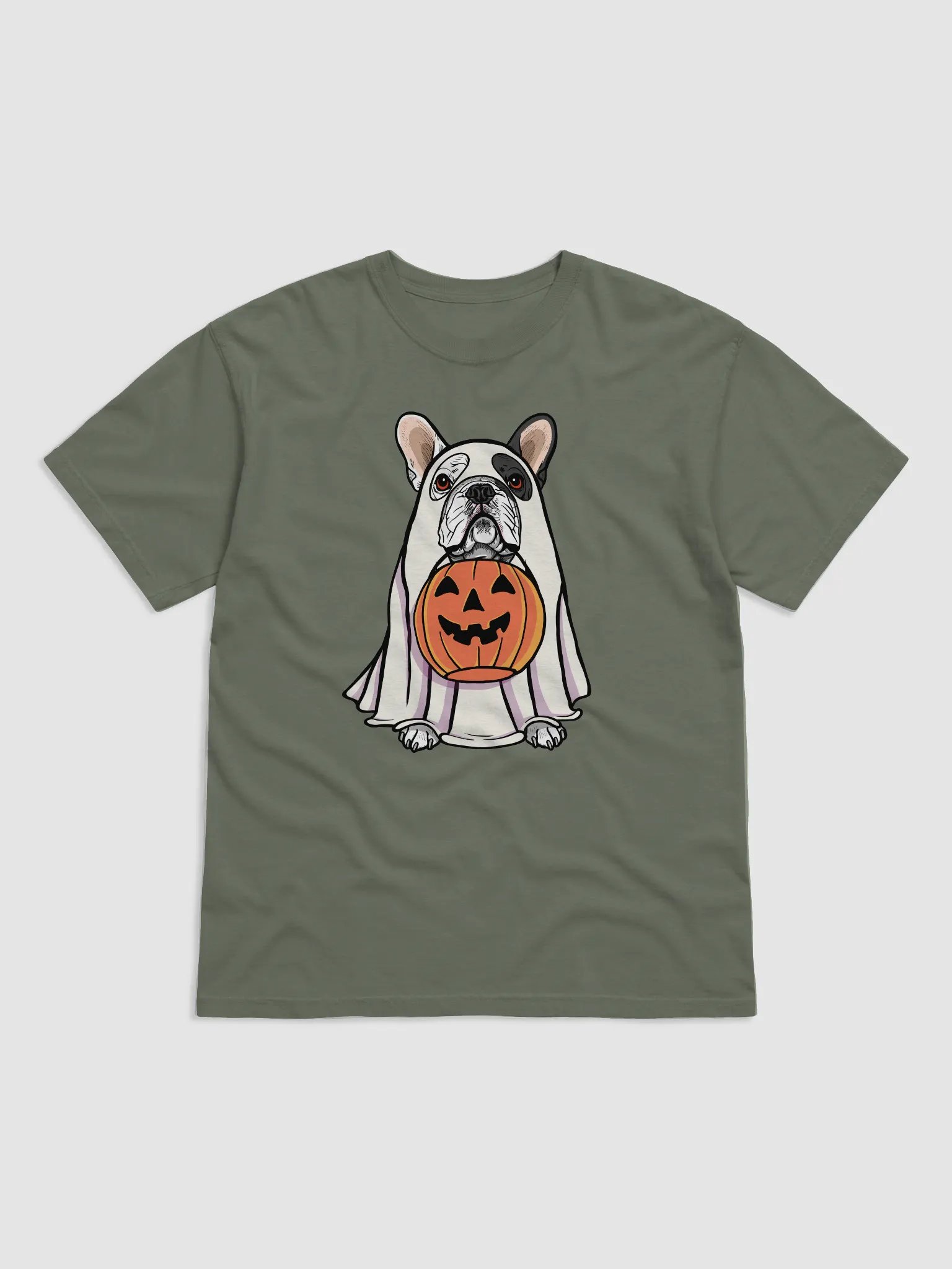 Funny Halloween French Bulldog(Pied) T-Shirt | Funny Frenchie Wearing a Ghost Costume and Holding a Pumpkin Basket product image (1)