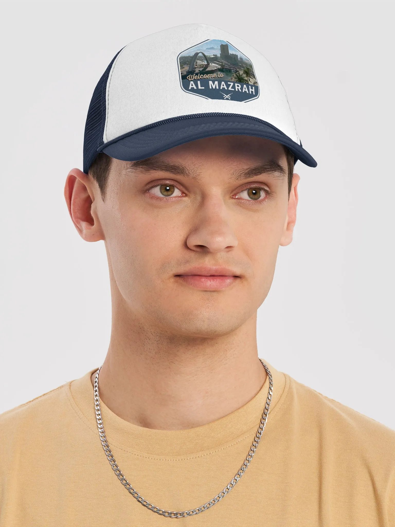 Welcome to Al Mazrah Trucker Hat | Blue product image (5)