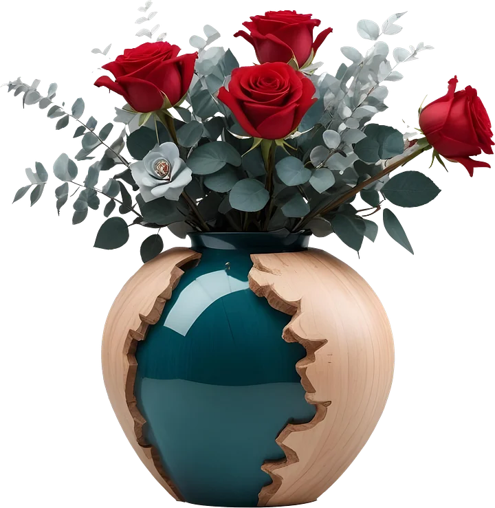 Intricate Carved Wooden Vase with Red and White Roses PNG product image (1)