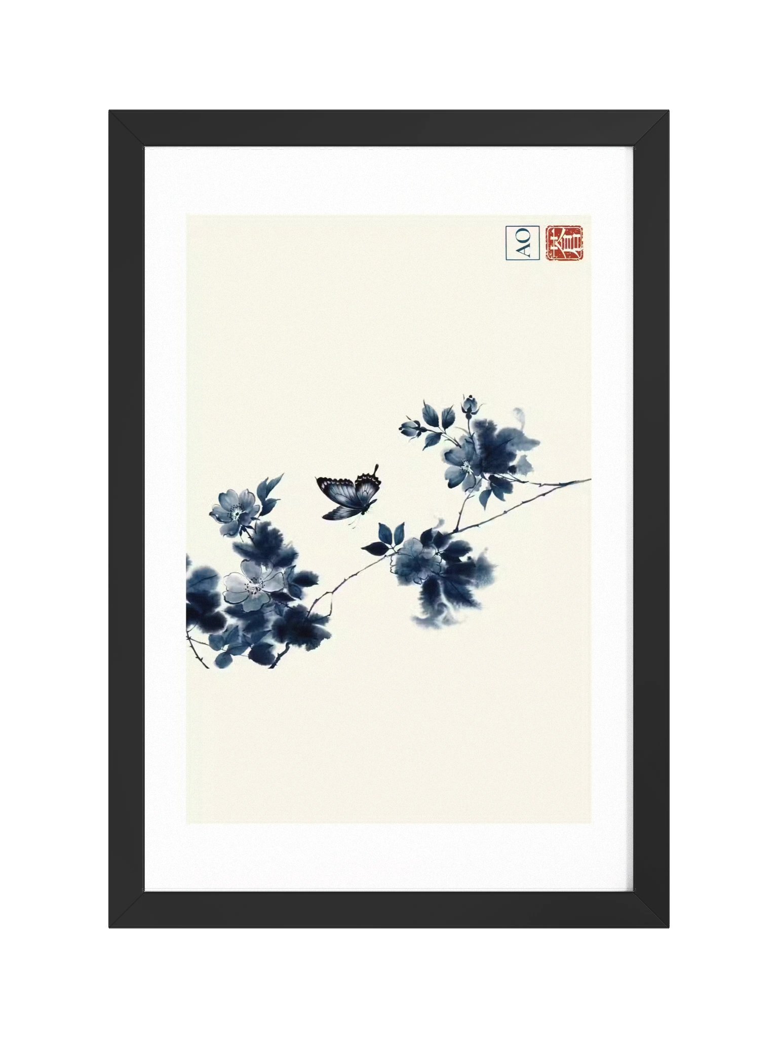 Japanese Ink Art Print | Indigo Butterfly No.04 | Framed Wall Art - AO Japan Blue product image (1)