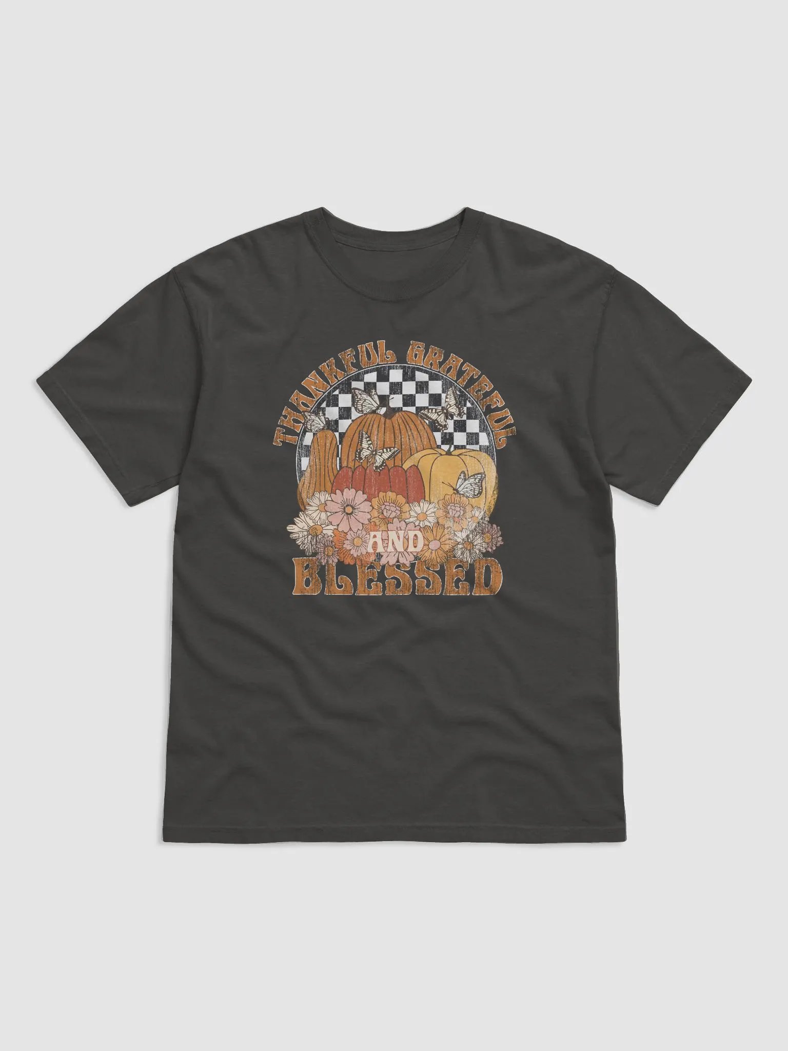 Thankful, Grateful, and Blessed Pumpkins and Flowers T-Shirt | Motivational Fall and Thanksgiving T-Shirt Design product image (23)