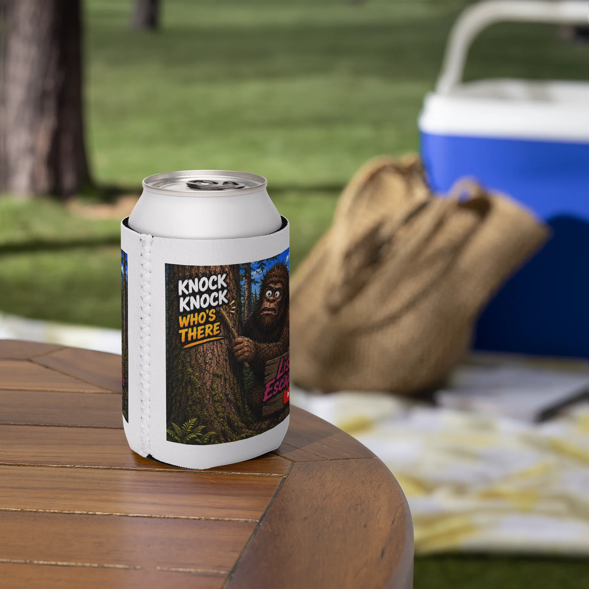 Bigfoot Knock Knock Forest Coozie Can Cooler product image (5)