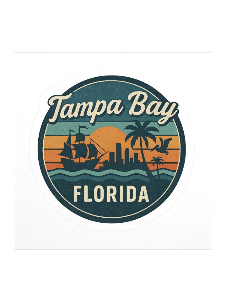 Vintage Tampa Bay Florida Sunset Design with Pirate Ship and Palm Tree Skyline Sticker product image (1)