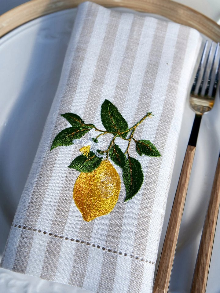 Lemon branch napkins Embroidered napkin White napkins Striped napkin Beige napkins Linen napkin Vintage style napkin Hemstitched napkin Gift product image (1)