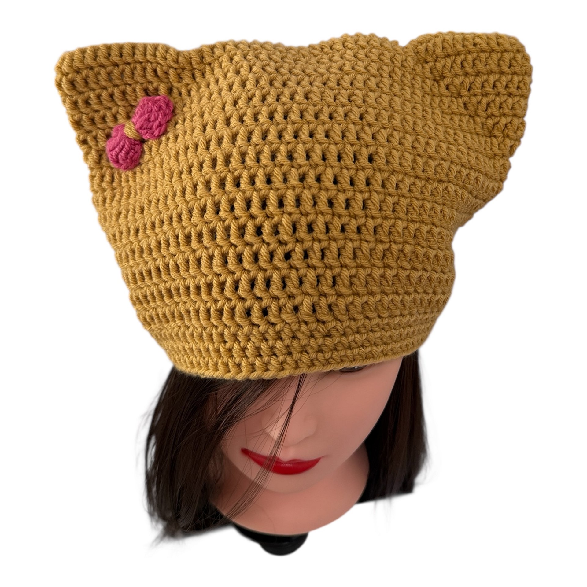 Winter Crochet Custom Cat Ear Beanie Yellow mustard with Pink bow - for kids 6-12 yo. product image (2)