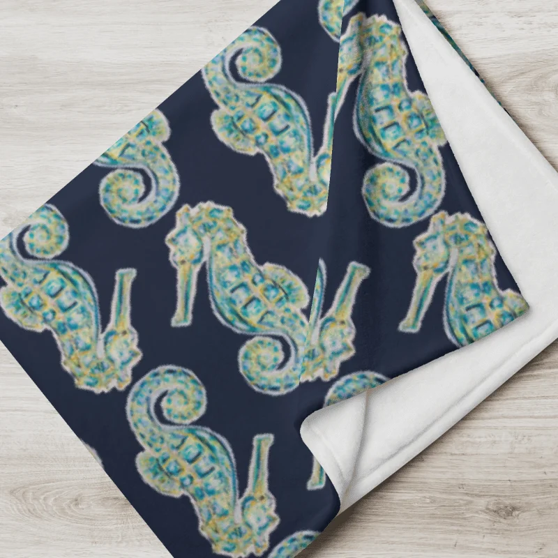 Painted Seahorses on Navy | Cozy Coastal Throw Blanket | by Monique Faella Designs™ product image (7)