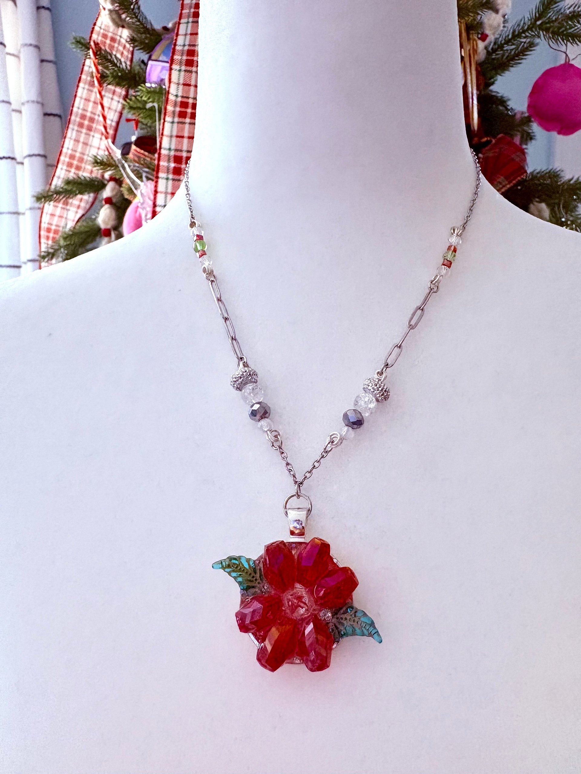 MFD-00282 | Poinsettia Pendant Necklace with Stainless Steel Cable Chain and Paperclip Chain | Handmade Jewelry by Monique Faella Designs™ product image (4)