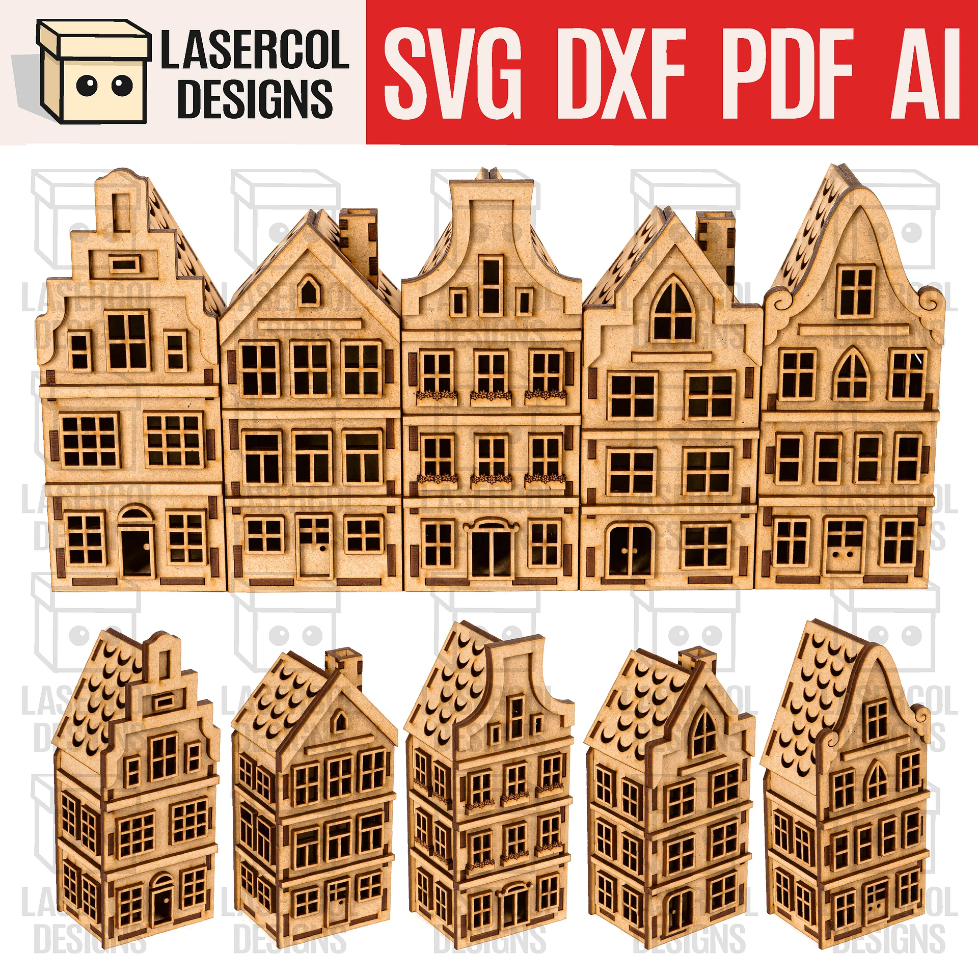 Christmas Houses Set 2 (5 Styles) - Laser Cut Files product image (1)