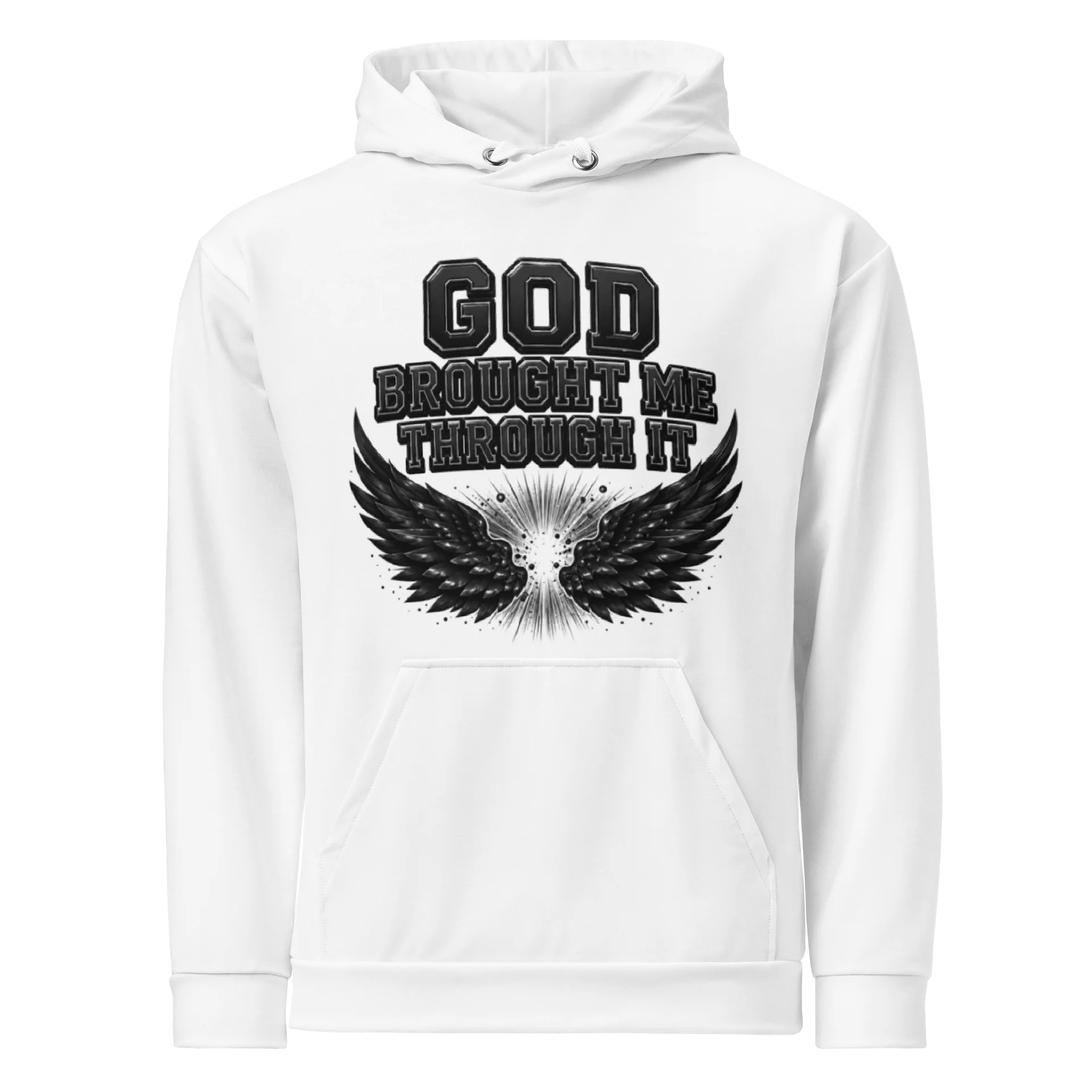 God Brought Me Through It White Hoodie — Black Wings Survivor Edition product image (1)