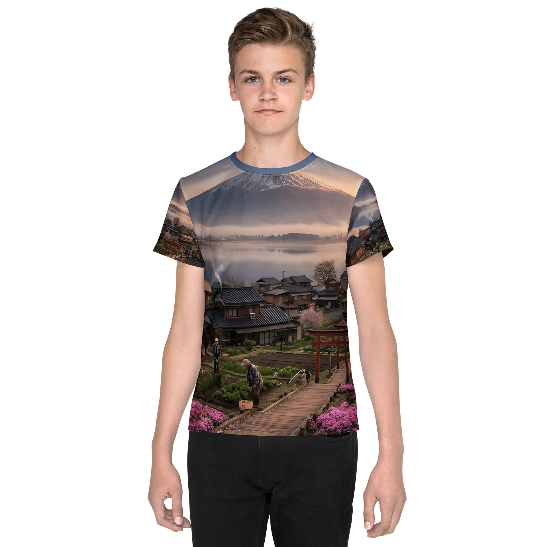 Mount Fuji & Pink Moss Youth Crew Neck T-Shirt | All-Over Print Tee product image (3)