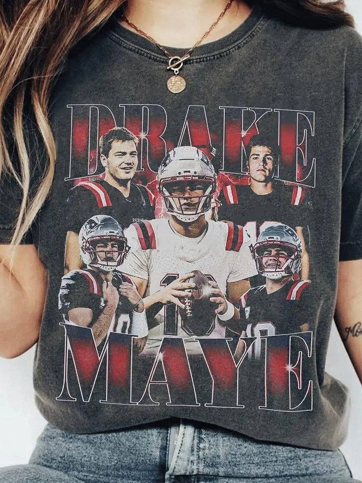 Drake Maye New England Patriots Vintage 90s Bootleg T-Shirt Design - Top NFL Draft Prospect Graphics product image (1)