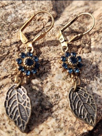Vintage Blue Crystal Earrings with Leaf Drops product image (2)