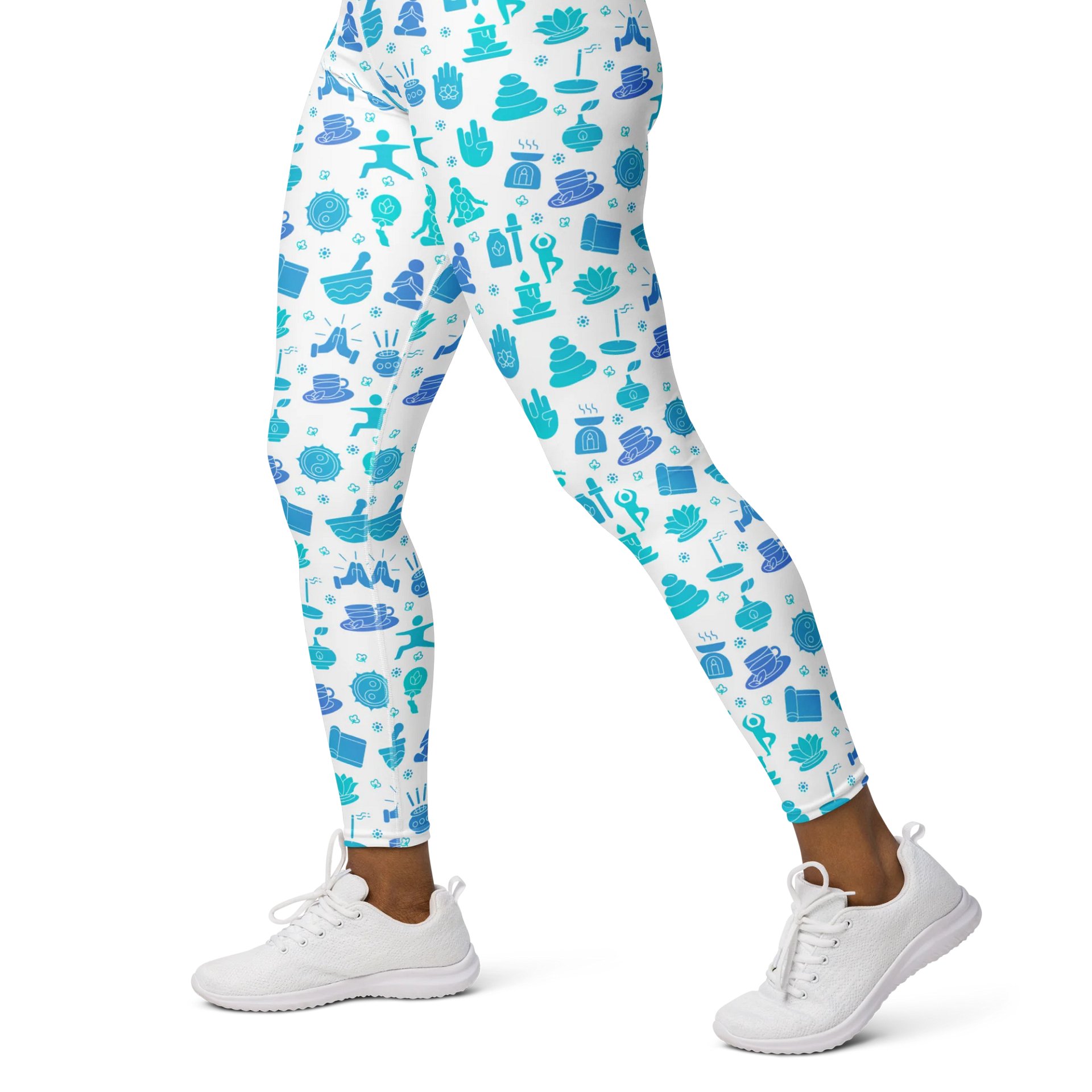Zen Harmony Yoga-Meditation Leggings - Blue Wellness Icons on White product image (3)