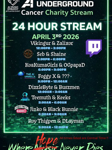 🎗️ AI:UNDERGROUND CHARITY STREAM 🎗️

April 3 • 24 Hours on Twitch
Raising funds for St. Jude Children’s Research Hospital 💛

...