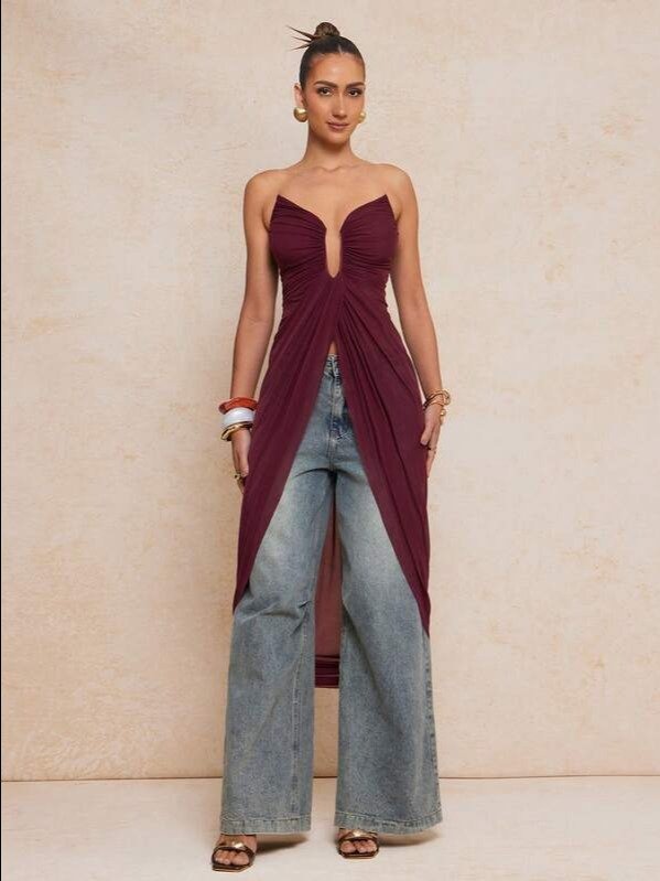 Burgundy Strapless Asymmetric Knot Maxi Dress | Women's Slim Fit Long Mesh Dress with Pockets for Wedding & Casual Elegance | ADLEST product image (1)